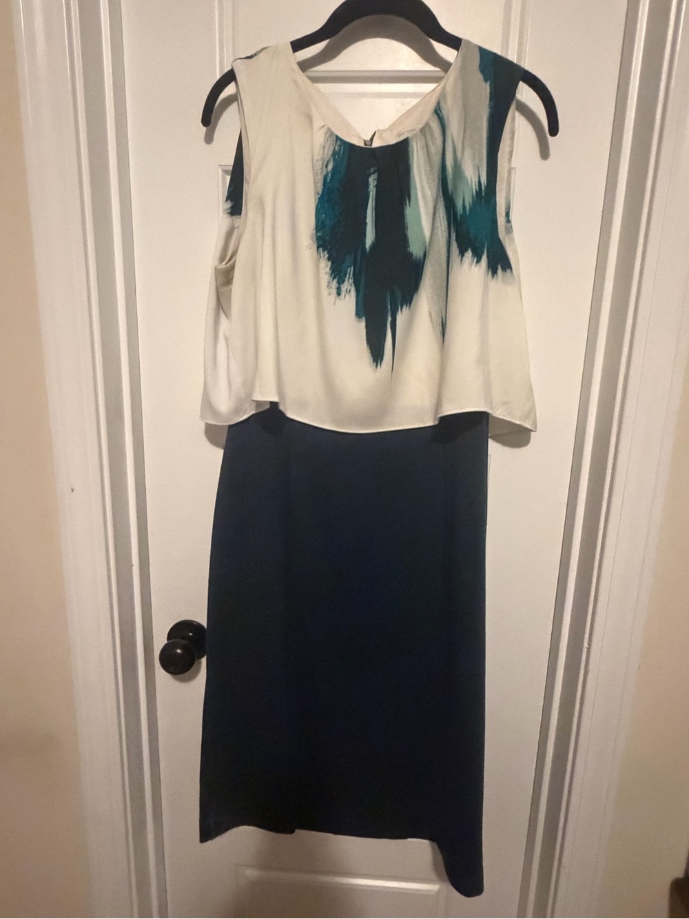 New York & Company Navy and Cream Midi Dress with Teal Brushstroke Accents